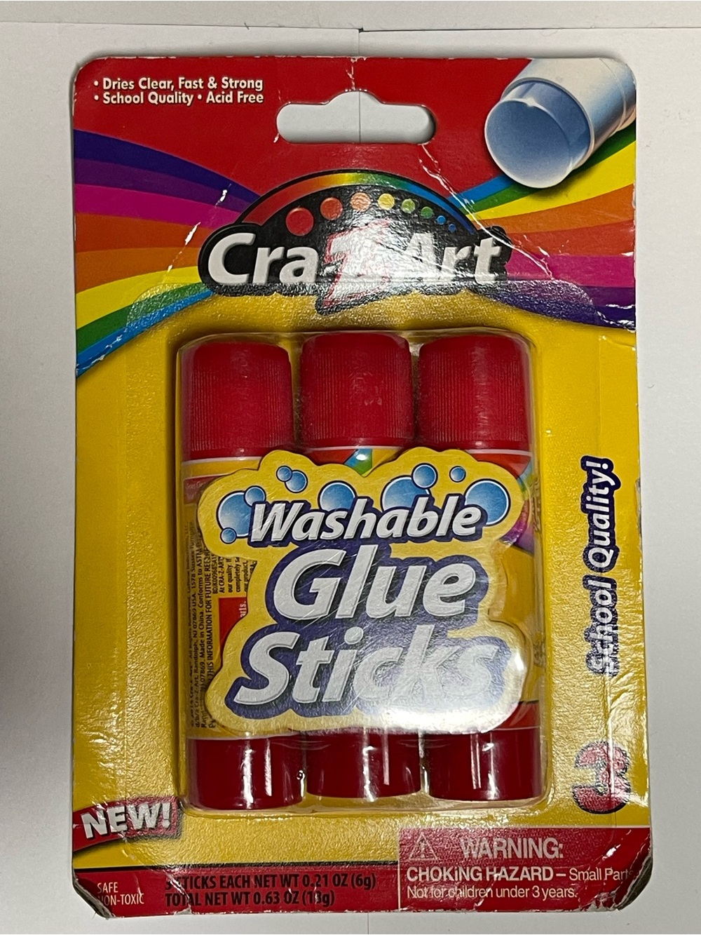 Cra-Z-Art Washable Glue Sticks - Red Caps, 3 Pack